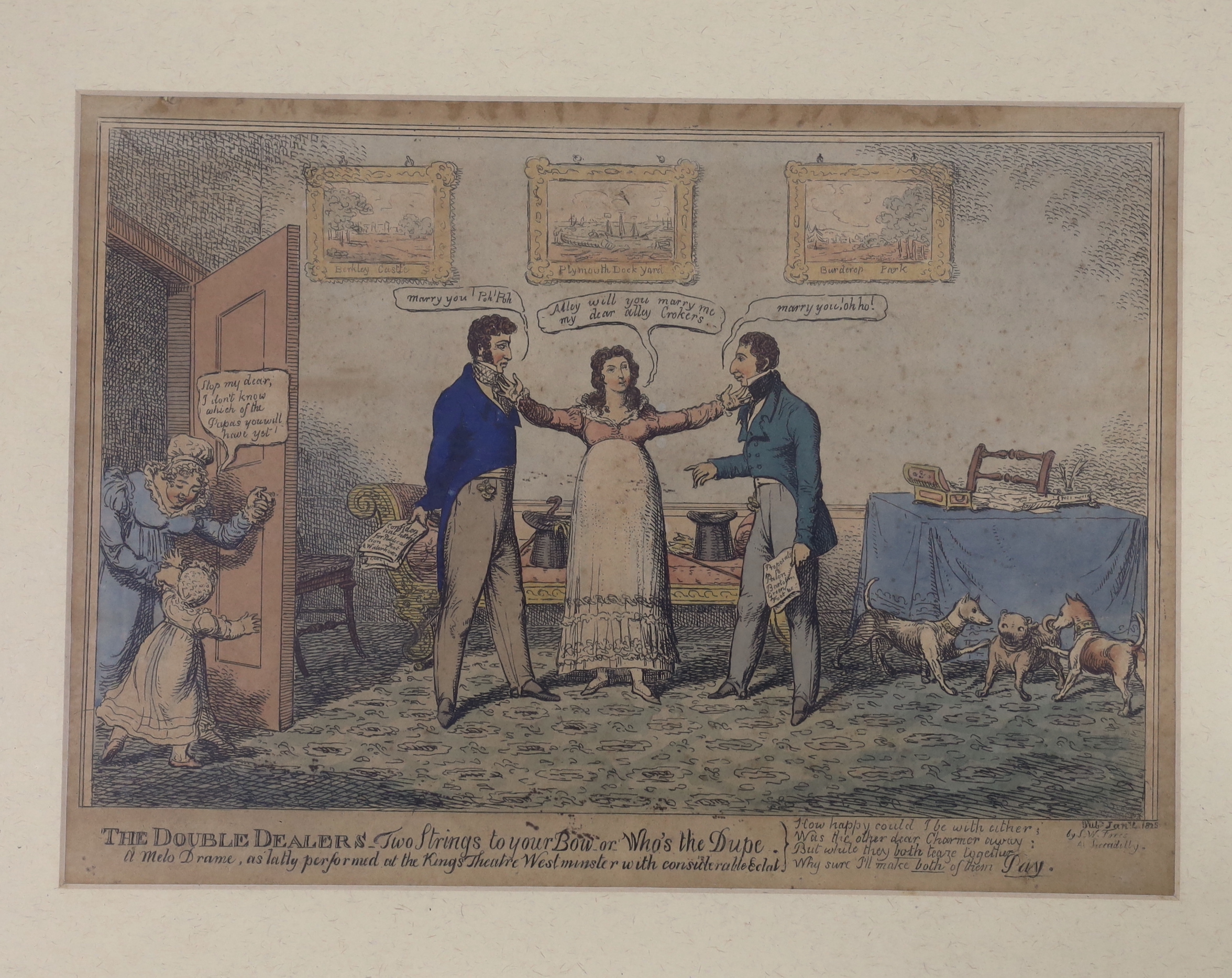 W. H. Bunbary (1750-1811), satirical hand coloured engraving, ‘The Kitchen of a French Post House’, published 1774, together with two others including ‘The Double Dealers, Two Strings to Your Bow, or, Who's the Dupe’ pub